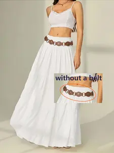 Women's High Waist Solid Color Pleated Ruffle Hem Midi Skirt, Womenswear Elegant Chic Design Without Belt, Perfect for Daily Wear & Special Occasions