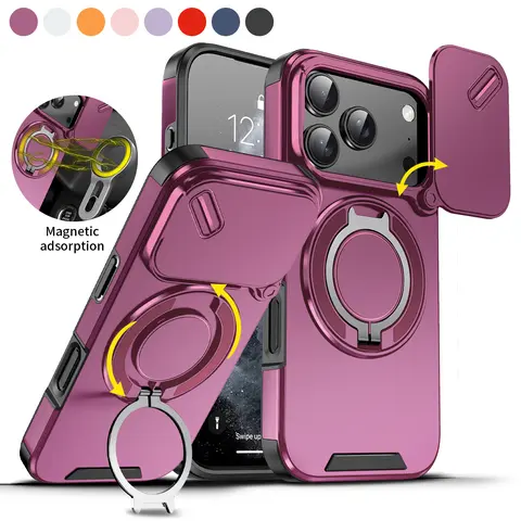 Magnetic Ring Holder Protective Smartphone Casing for iPhone 18/17/16 Pro Max/15/14/13/12/11 - 360-Rotated Handheld Kickstand, Slide Lens Protector, Military-Grade Shockproof Phone Accessory