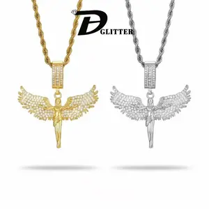 Full of Diamonds Angel Muse 16K Pendant Necklace with Stainless Steel Chain Hip Hop Trend for Men teen boy Women Fashion Vintage Accessory Three-dimensional Feathers Fallen Angel Design