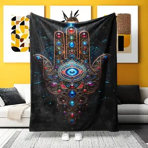 "A Mystical Hamsa Hand Flannel Blanket – Ultra-soft for Home, Camping & Office! Luxurious texture, ideal for boho/spiritual decor lovers."