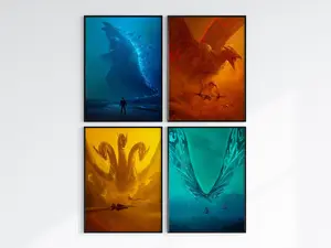 Monsterverse posters, Kong, Godzilla, Mothra, Ghidorah, Skull Island, King of monsters, Retro, Vintage, Wall Art, Monarch Poster