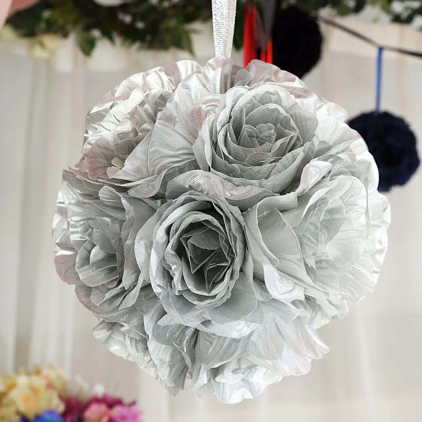7 in Silver Artificial Silk Rose Kissing Balls 2-Pack, Easy Hang Floral Decor, Home Centerpiece, Garden Decoration, Silk Fabric