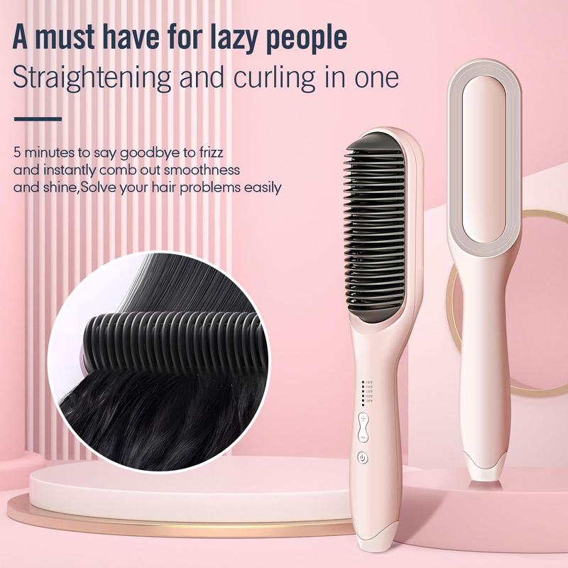 Professional Hair Straightening Brush - 60s Fast Heat Up, 5 Heat Settings for All Hair Types, Worldwide Dual Voltage, Auto Shut Off - Ideal Women's Gift (Anti-Scald, Pink) Straightener Smooth