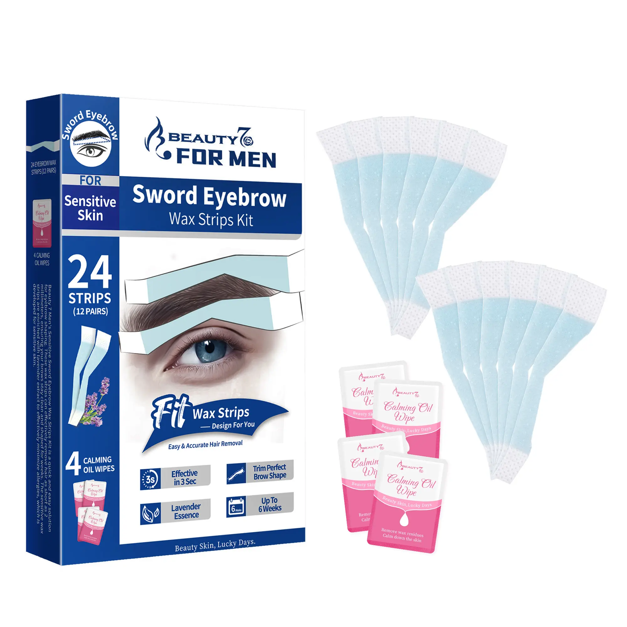 Beauty7 Men's Double-Side Sword Shape Eyebrow Wax Strips Kit - 24 Men's Sword Eyebrow Wax Strips, 4 Calming Oil Wipes, Lavender-Infused Gentle Hair Removal, Wait 3 Sec Application, For All Skin Types, Up to 6 Weeks Smoothness, Sensitive Skin, Botanical, R