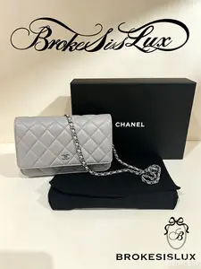Pre-owned CHANEL Classic Full Diamond Quilted Wallet On Chain in Fog Light Gray Soft Lambskin, Shiny Silver Crystal CC Logo Hardware
