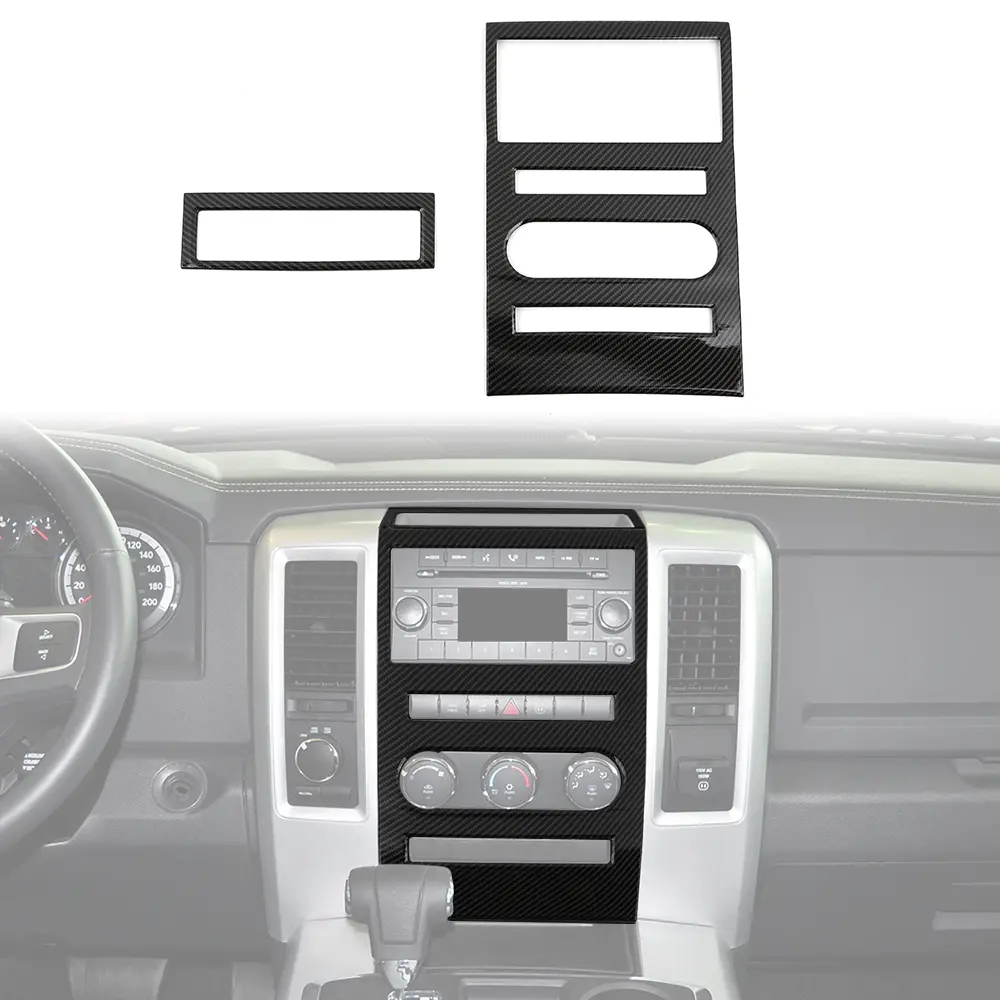 Black Carbon Fiber ABS Adhesive Decals 2-Item/Set Central Control GPS Navigation Panel Trim Cover Kit for 2010-2012 Dodge Ram, DIY Install UV Resistant Car Interior Decorative Accessory, Set of 2, Adhesive Backing