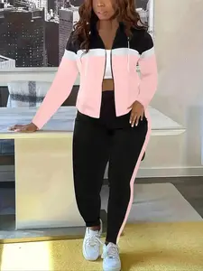 Women's Fashion Patchwork Hooded Cardigan & Pants Set, Casual Sporty Style, Regular Fit, Spring & Fall, New Arrival, Activewear, Daily Wear, Professional Look, Mild Weather, Loungewear, Comfy, Career Wear