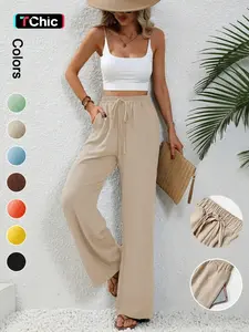 Women's Plain Pocket Tie Front Elastic Waist Straight Leg Pants, Casual High Waist Wide Leg Trousers for Daily Wear, Ladies Bottoms for All Seasons, Baggy Pants