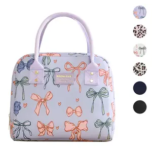 Purple Bow Print Insulated Lunch Bag, Leakproof Thermal Cooler Tote with PEVA Waterproof Lining, Reusable Lunch Box for Women Girls Work Office School Picnic Outdoor