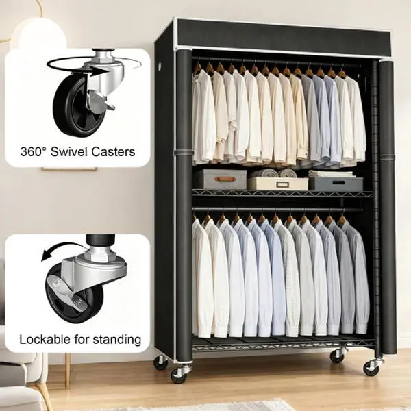 Rolling Portable Fabric Wardrobe with Wheels, Freestanding Clothing Storage Closet with Hanging Rod, Storage Shelves for Bedroom, Garage