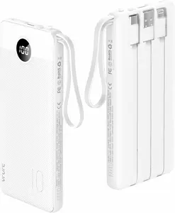 VRURC 10000mAh 22.5W Fast Charging Power Bank with 4 Built-in Cables USB-C Portable Charger LED Display for iPhone Samsung Android White