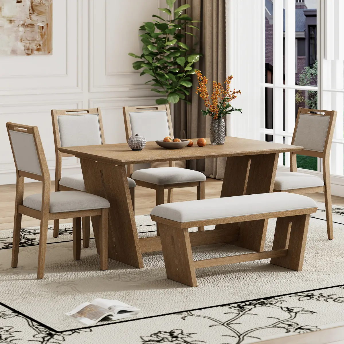 Distressed Wood 6-Seater Dining Room Set - 59.8"L x 35.8"W x 30.0"H 60" Rectangular Rubberwood Table, 4 Upholstered Chairs, Carved Trapezoid Trestle Base Bench, Included Hardware for Kitchen Use (Natural Wood Wash), Rustic