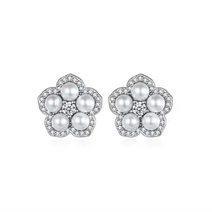 Cuafufu Flower Pearl Stud Earrings for Women - Elegant Floral Design with Sparkling Cubic Zirconia, Hypoallergenicl for Everyday Wear
