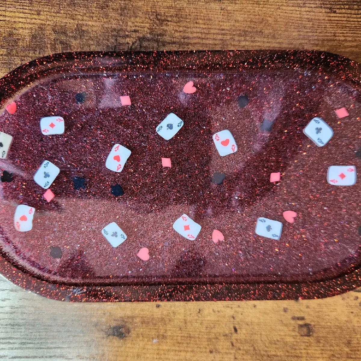 Lucky Aces Resin Trinket Tray - Red and Black Glitter with Aces from each house of cards as well as clubs, spades, hearts, and diamonds