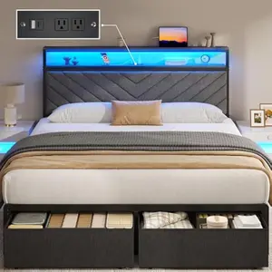 Queen Bed Frame with 2 Drawers, Upholstered Headboard with Storage and Charging Station, LED Lights, Fabric Drawers with Wheels, Under Bed Storage, No Box Spring Needed, Easy Assembly, Grey king