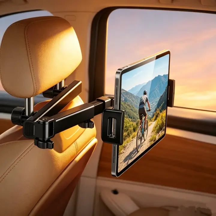 Car Headrest Tablet Holder – 360° rotation, foldable arm, fits 4.7-12.9" devices. Keeps kids entertained on road trips with a sturdy mount that stays put – finally, peaceful drives for everyone