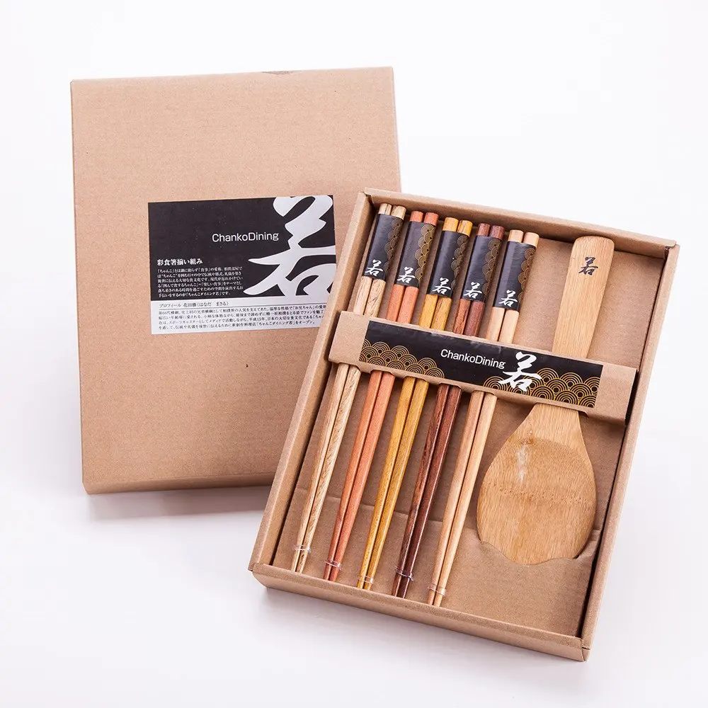 Thy Home Eco-Friendly Wooden Kitchenware 6-Piece Gift Set - 5 Pairs of 9" Manual-Finish Chopsticks, 1 Moso Bamboo Rice Paddle & Spoon, Natural Grain, Non-Plastic Cutlery Alternative