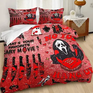 Spooky Red Halloween Decorative Duvet Cover Set, Glittery Bedding Set with Horror-Themed Designs, Fun Ghost & Knife Prints, Cozy & Soft for Festive Bedroom Decor, Perfect for Halloween Lovers, Includes 1 or 2 Pillowcase - No Filler