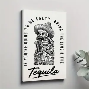 2D Flat, 1pc Mexican Day of the Dead Wall Art Poster - Ready-to-Hang Framed Canvas Print with "Bring the Tequila" Text - Vintage Skeleton, Lime & Tequila Decor for Home Bar, Living Room, Dorm - Mexican Fiesta Decoration Gift, Rustic Design, Durable Artwor