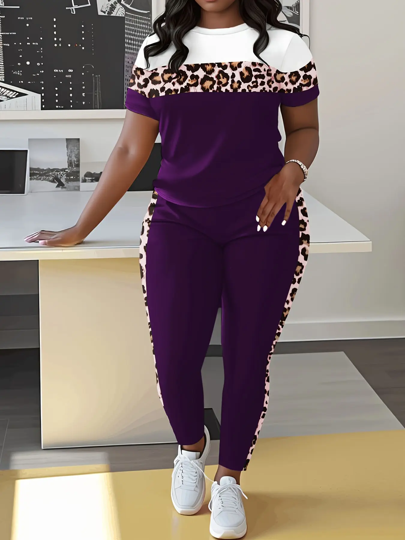 Women's Striped Casual Two-Piece Set, Womenswear, Fitted Round Neck Short Sleeve Top & Long Pants, Spring Fall Fashion, Pants Loungewear Set