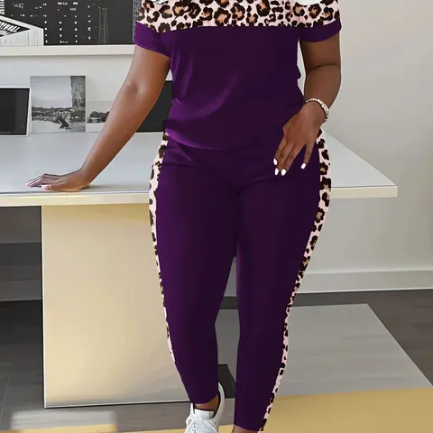 Women's Striped Casual Two-Piece Set, Womenswear, Fitted Round Neck Short Sleeve Top & Long Pants, Spring Fall Fashion, Casual Loungewear
