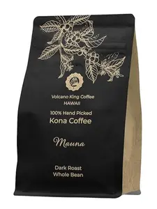 Volcano King Coffee Mauna 100% Hand Picked Premium Kona Coffee Dark Roast Whole Bean Single Origin Arabica Sustainably Grown in Hawaii