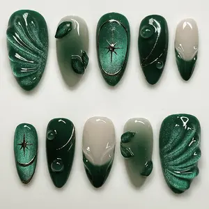 US-NAIL - 24Pcs 3D Green Ripple Design False Nails Cat's Eye French Almond Fake Nail Tips Leaves Pattern Removable Oval Press on Nails