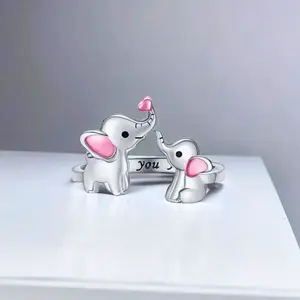1pc Adjustable Zinc Alloy Elephant and Heart Shaped Couple Ring for Women in European and American Style, Jewelry as a Gift for Girlfriend on Date