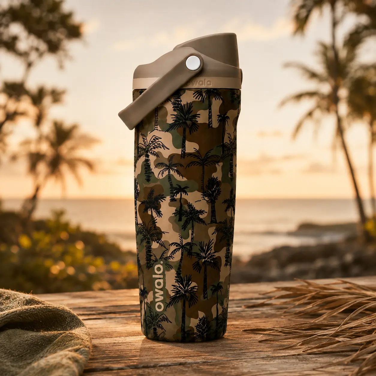 Owala FreeSip 32 oz Insulated Water Bottle Camo Palm Leak Proof Stainless Steel Travel Tumbler, Gift For Her, Gift For Him