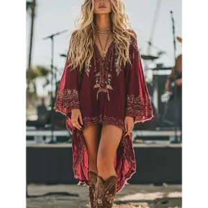 Weilan Women's Clothing Store Bohemian Festival Dress Flowy Train Hem Fringe Tassel Details Loose Fit Sleeve Music Carnival Retro Events Deep Purple Red Black