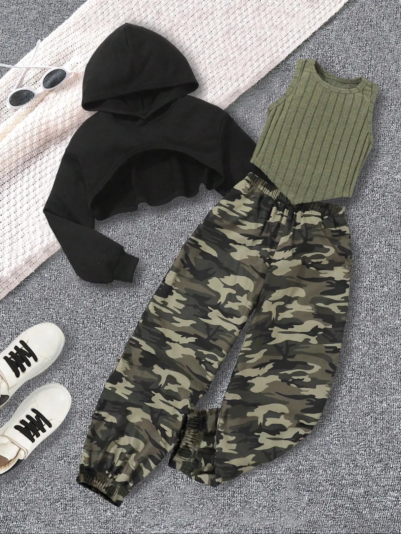 Three-Piece Set Girl's High Low Crop Hoodie & Asymmetrical Hem Tank Top & Camo Print Jogger Pants, Casual Hooded Pullover & Sleeveless Round Neck Top
