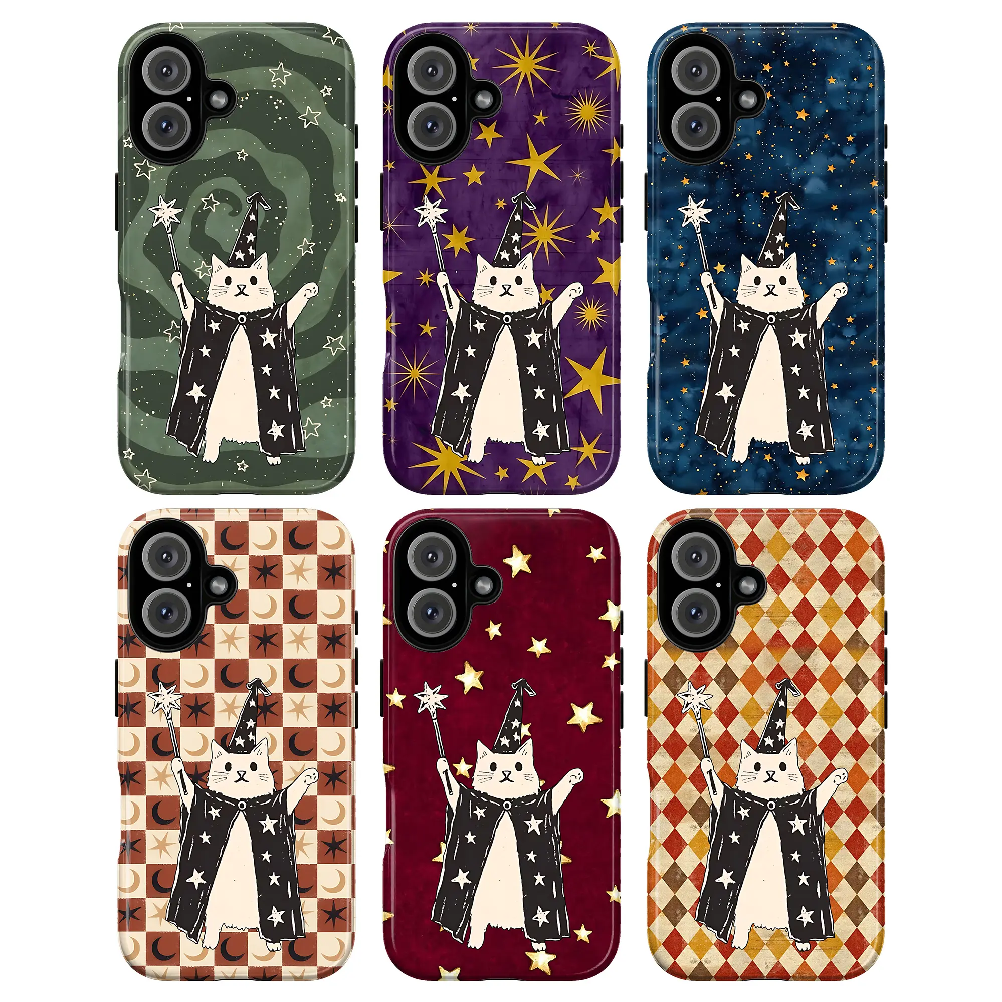 Wizard Cat Phone Case – Cute Magical Witchy Cat Celestial Star Moon Wand Pattern Cover for iPhone 17 16 15 14 13 12 11 Pro Max X XS & Samsung Galaxy S21–S25 Plus Ultra | Dark Cottagecore Witchy Gift for Her & Cat Lovers