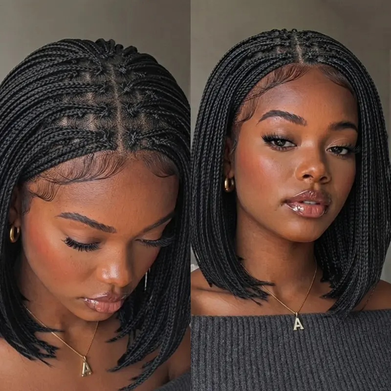 DOSAY 12-Inch Synthetic Fibre Micro Box Braided Bob Cut Lace Front Glueless Wig for Black Women, with Golden Cuffs, Baby Hair, Soft Light Natural Edges, Easy Wear, Everyday Versatile Protective Hairstyle