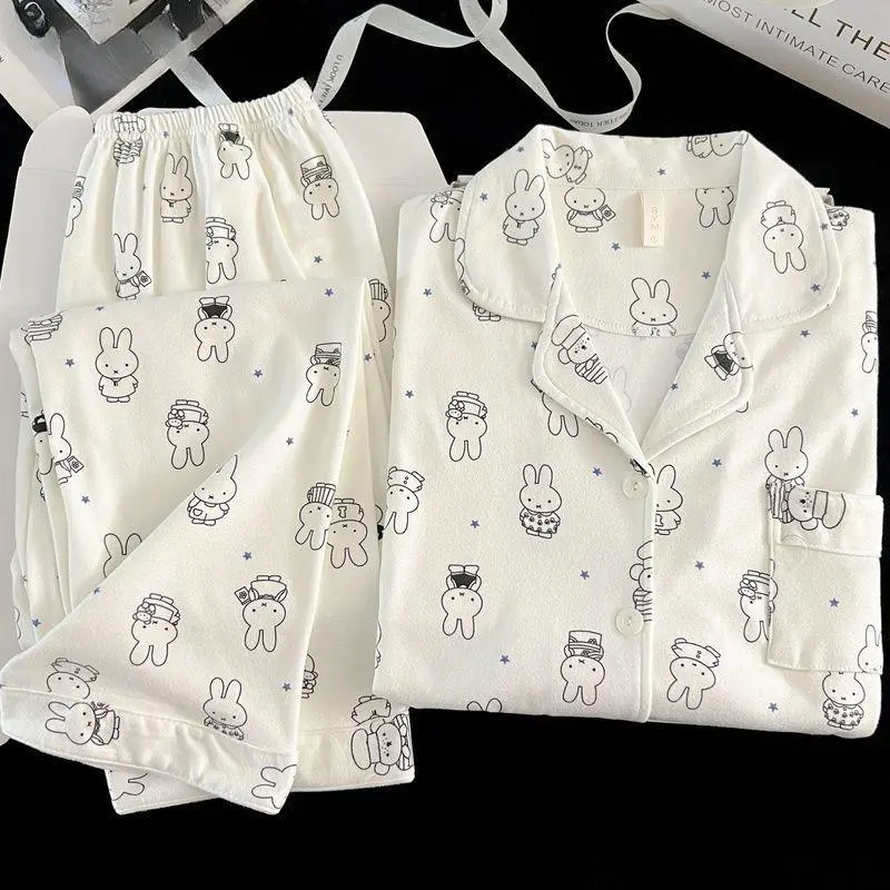 Kawaii Miffy Bunny Thermal Brushed Flannel Sleepwear Set Cozy Open-Front for Women Cute Cartoon Autumn Winter Pajamas K-trend