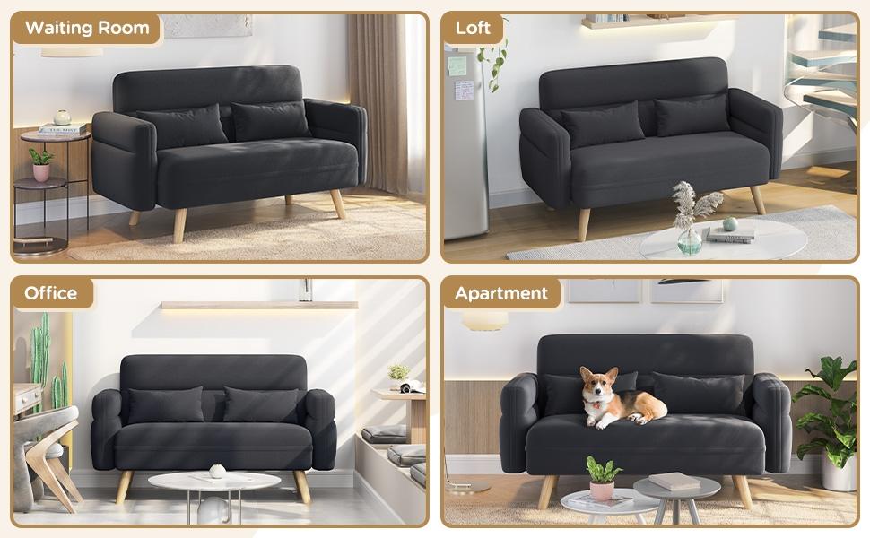 Yaheetech 46.5" W Small Fabric Loveseat Sofa with Lumbar Pillows, Solid Wood Legs, Mid Century Modern 2 Seater Sofa Couch for Dorm, Office, Bedroom
