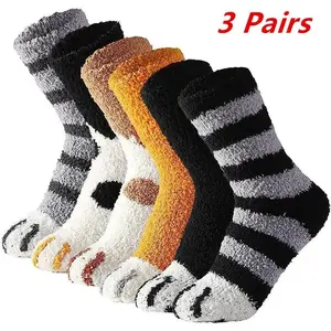 3 Pairs Womens Cats Paw Stripe Socks Fun Thick Girls Cartoon Animal Fingers Sock Hosiery Toe Cat Foot Sox