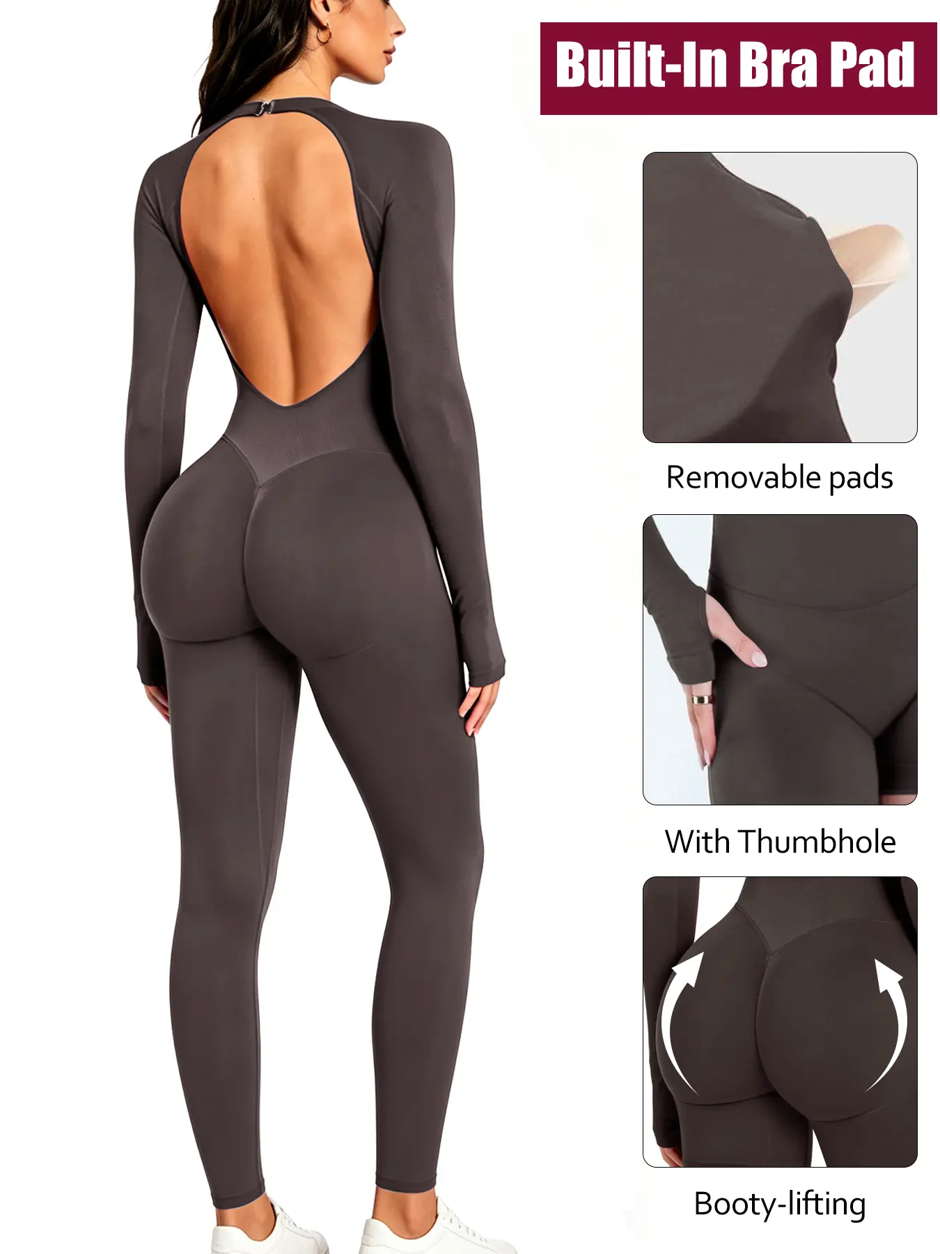 Jetjoy Seamless Long Sleeve Backless Romper, Tummy Control One Piece Jumpsuit for Women - Perfect for Workout, Yoga, Gym, and Everyday Wear with Compression Knitting