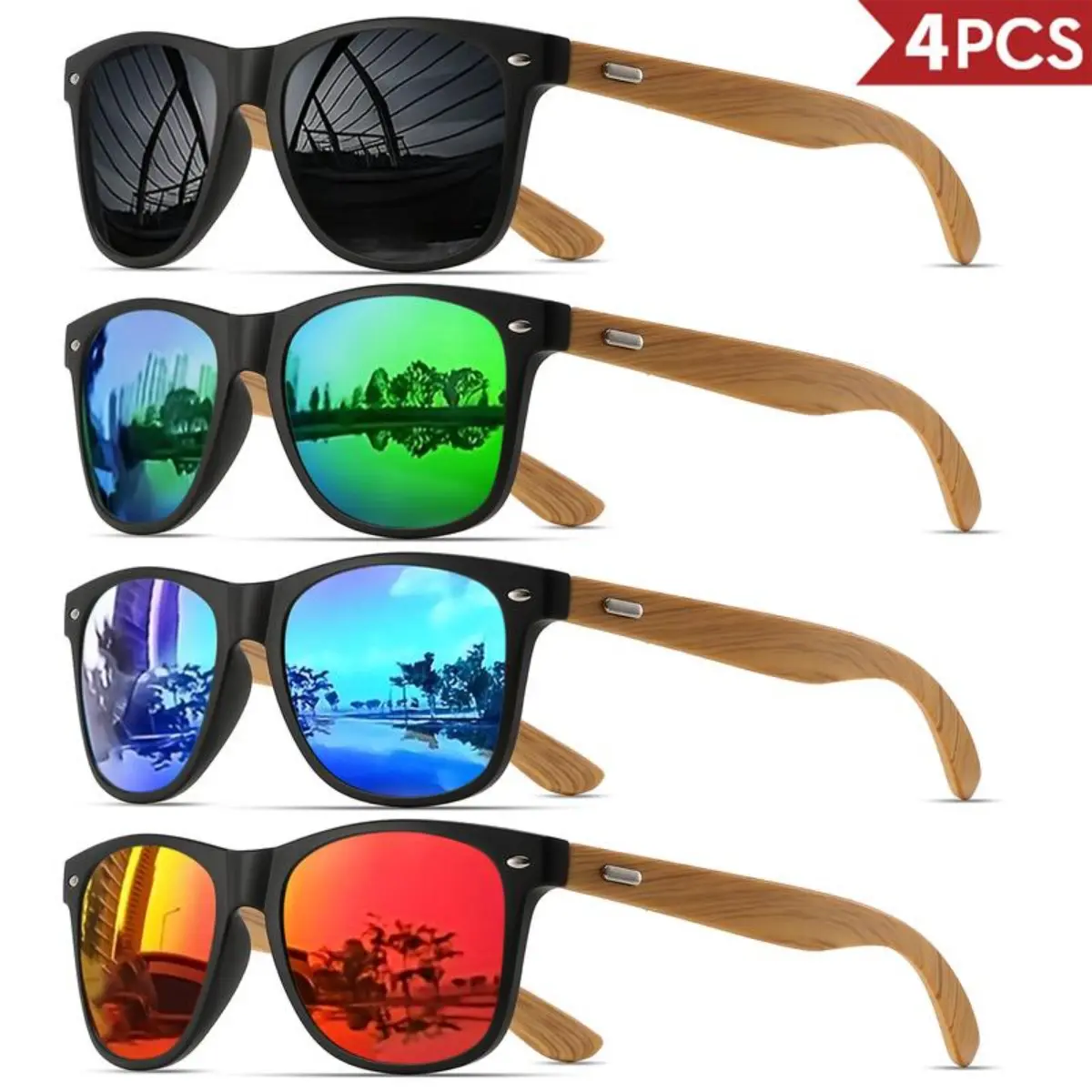 Unisex 4-Pack Polarized Sunglasses - Bamboo Texture Full Rim, Nylon TR90 Frame, UV400 Shield, Retro Lightweight Eyewear for Driving & Everyday Style, Men's Sunglasses Polarized, Aesthetic Men's Sunglasses