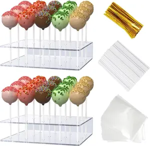 2 Pack Cake Pop Stand with Sticks Kit, Acrylic Lollipop Hold Stand, Clear Cake Pop Display Holder, 15 Holes Candy Pop Holder with 100 Pcs Sticks, 100 Pcs Clear Wrappers, 100 Pcs Gold Twist Ties Dooiclear