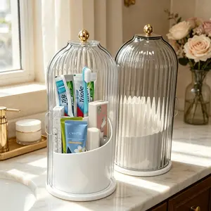 360 Rotating Smoke Gray Makeup Brush Holder with Sealed Waterproof Dustproof Lid, ABS Anti-Slip Bathroom Vanity Organizer for Brushes Lipsticks Skincare, 3-Zone Height Graded Compartments, Moisture Resistant.