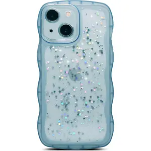 for iPhone 13 Mini Case 5.4" Curly Wave Edge Design Transparent Bling Glitter Star Shiny Case Cute Clear Transparent Full Protection Soft TPU Shockproof Phone Cover for Women Girls,Blue