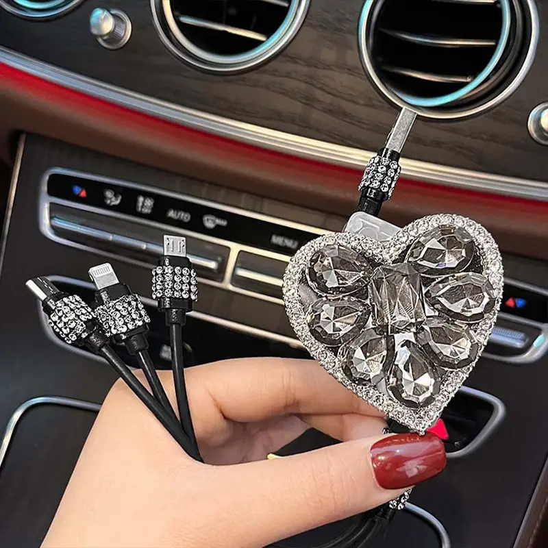 Women's 3-in-1 Durable Plastic Bling Electronic Charging Cable - Diamond Heart Rhinestone Design, Compact USB Fast Charger Cord for iPhone Lightning, Android Type-C, Micro USB, Car Mobile Accessory
