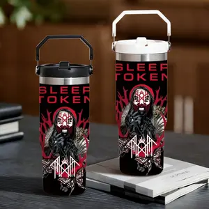 Band S-Sleep Token Vacuum Flasks 30oz Stainless Steel Drinkware Flip Straw Tumbler with Handle | Leakproof Twist Lid | Double Wall Vacuum Insulated BPA-Free Reusable Cup for Gym, Work & Travel