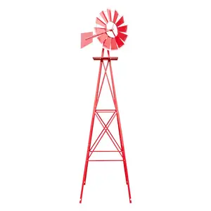 8FT Metal Windmill Ornamental Spinner Backyard Garden Decoration Weather Vane, Heavy Duty Wind Mill w/ 4 Legs Design, Red