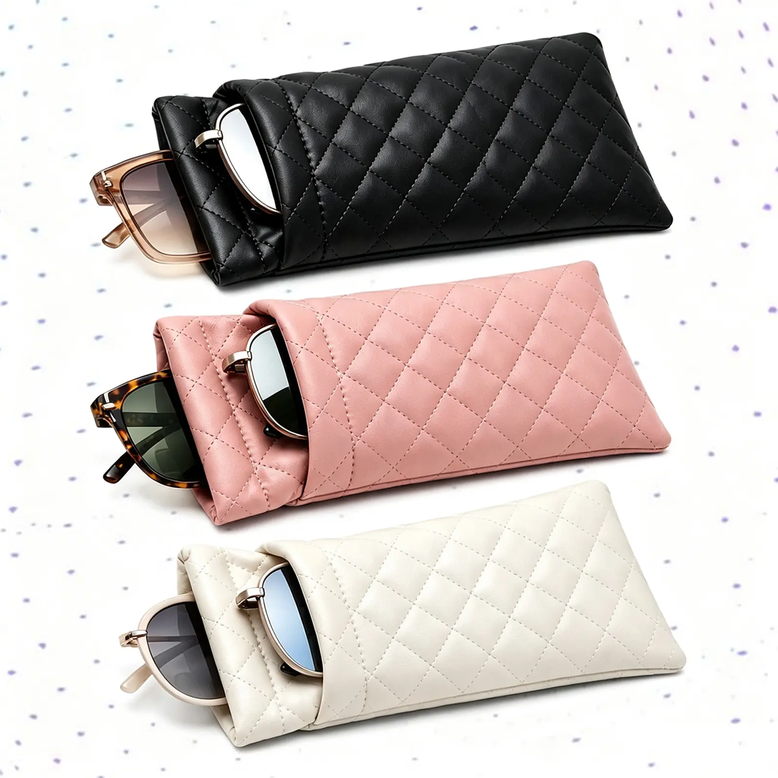 Quilted PU Leather Multi-Purpose Storage Pouch, Portable Sunglasses Glasses Case,Cosmetic Small Accessories Organizer Bag for Travel Home Outdoor