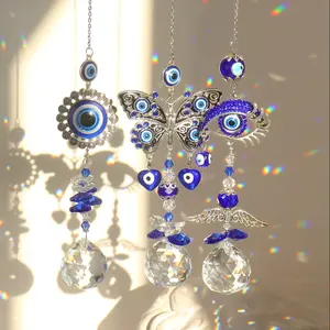 Devil's Eye Prismatic Transparent Ball, Butterfly Suncatcher Blue Eye Pendant Ornament for Window Hanging Decor, Home Garden Decoration