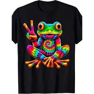Men'S Retro T-Shirt - 60s/70s Hippie Tie-Dye - Frog Peace Sign Graphic - 100% Cotton Crew Neck - Psychedelic Rainbow Colors - Casual Summer Outfits - Music Festivals & Casual Attire - Machine Washable