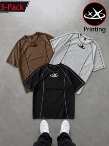 3-pack Retro Tour men’s T-shirts with raglan sleeves and star print, contrasting stitching design, vintage street style summer tops, cyber Y2K distressed trend short sleeves, suitable for everyday casual wear, crew neck loose fit basic couple tees.