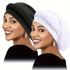 2 Pcs African Women Turban Caps Beanie Twist Headscarf Pre-Tied Double Twisted Braids Headwraps for Women Chemo Cancer Cap