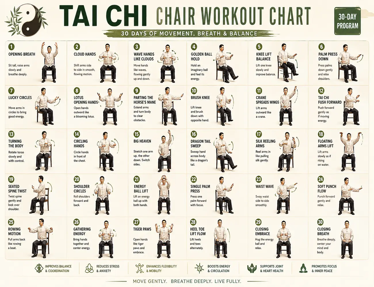 Tai Chi Chair Workout Chart Poster Canvas Wall Art, 30 Day Chair Exercise Program for Seniors, Seated Tai Chi Exercise Guide, Balance Coordination Training Chart, Physical Therapy Fitness Poster, Home Gym Rehabilitation Wall Decor, Unframed Framed Print